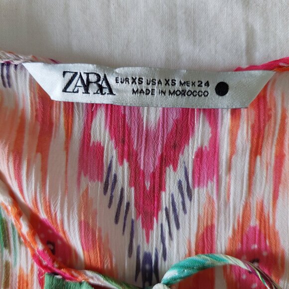 Zara Feather Trim Semi-Sheer  Geometric/Floral Printed Blouse, Size XS - Picture 5 of 10